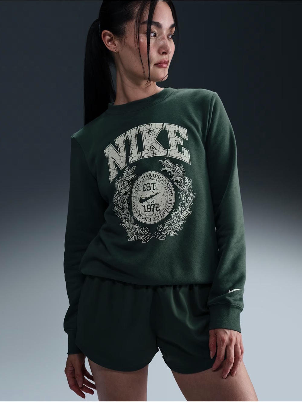 Nike Olive Green Crew Sweatshirt with Crest Graphic
